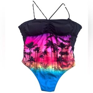 Ocean Pacific OP Vintage Palm Trees Beach Print Neon Halter Pads Bra Swim Suit L